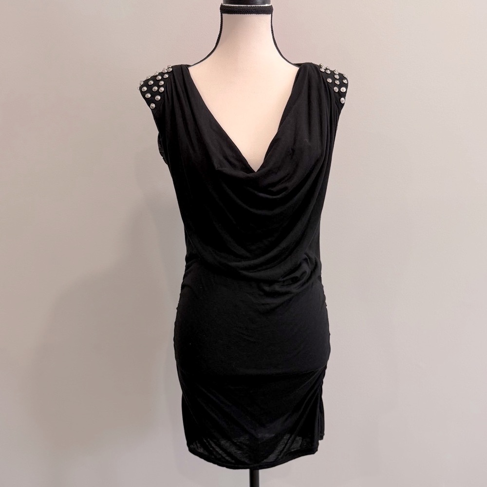 Edgy Black Cowl Neck Mini Dress /tunic with Studded Shoulders - Katie Size S